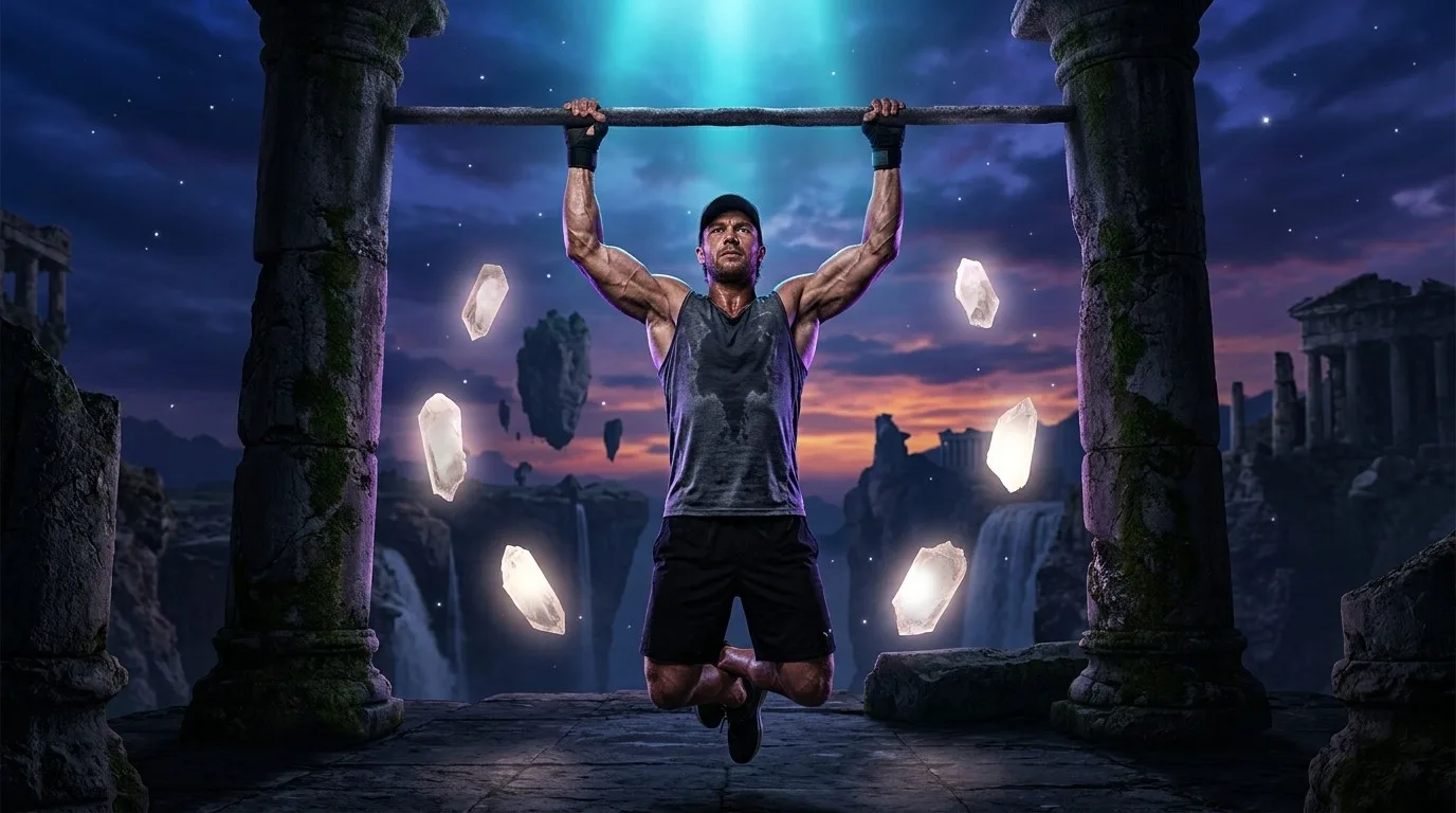 A man doing pull-ups on a stone bar between ruined pillars on a cliff at twilight, glowing crystals floating around him