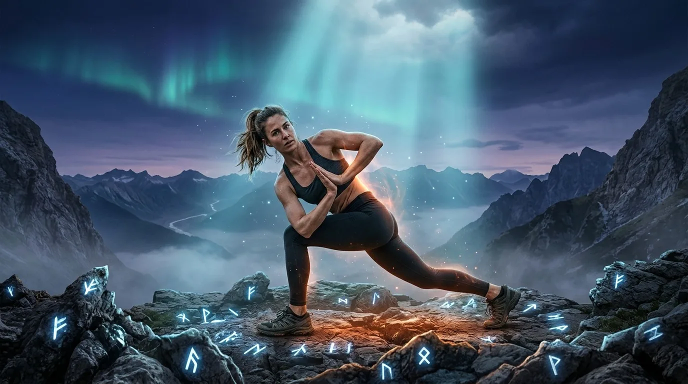 A woman in a twisting lunge on a mountain plateau at dawn, an aurora overhead and glowing runes on the rocks